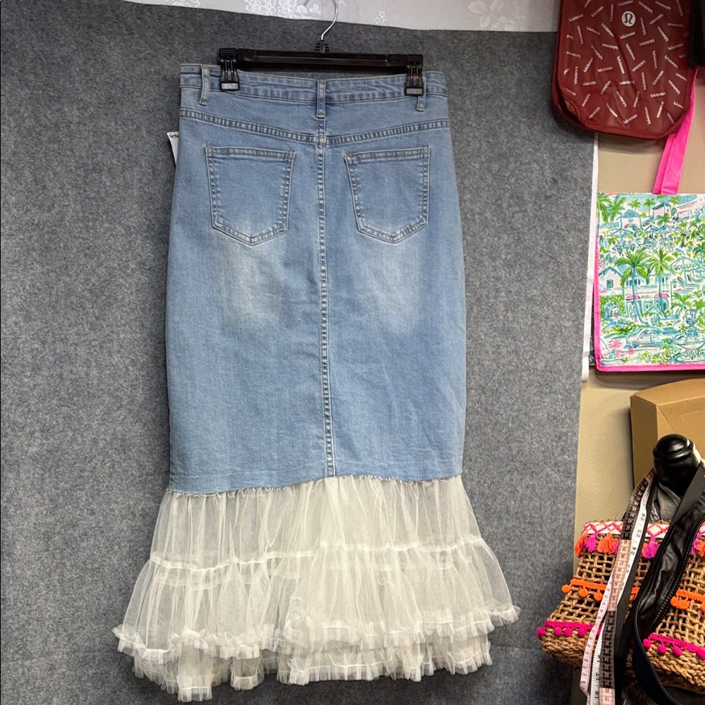Good Time USA Denim and Lace raw hem pocket cotton viscose Skirt L - Picture 7 of 11